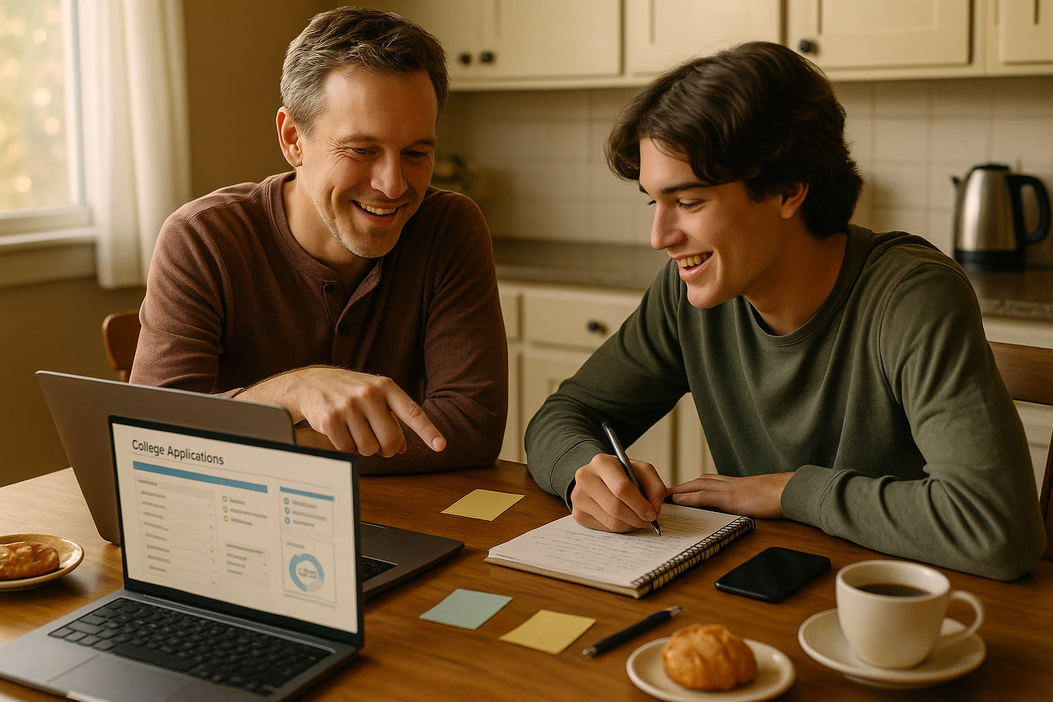 Photo Idea : A warm, candid shot of a parent and teen at a kitchen table, laptop open to a College Board-like dashboard, notebooks and a cup of coffee nearby — planning and talking together.