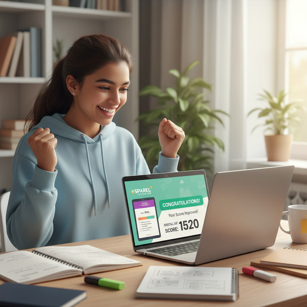 Photo Idea : A celebratory scene of a student checking their improved digital SAT score on a laptop, with notes and a Sparkl-style tutoring plan visible on the desk — conveying focused progress and confidence.