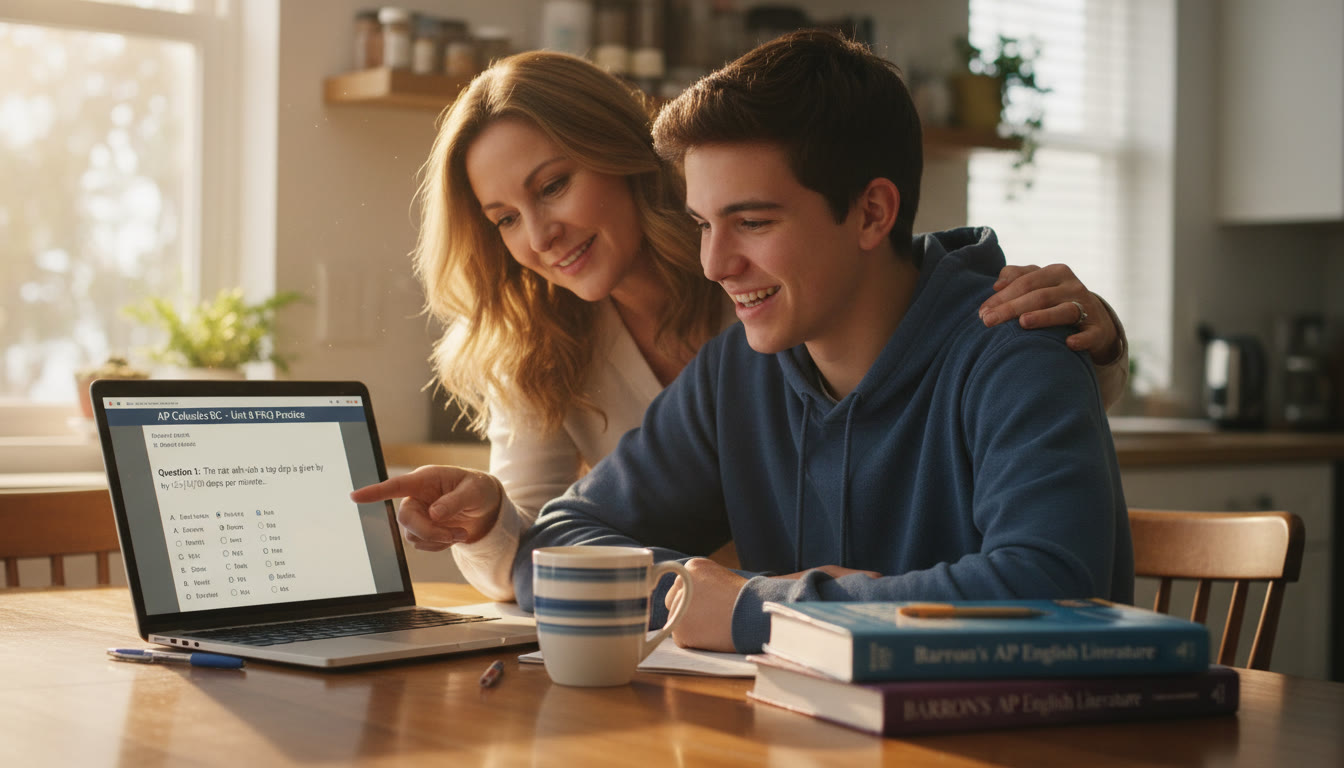 Photo Idea : A warm, candid photo of a student studying at a kitchen table with a parent leaning in supportively books, a laptop showing practice questions, and a coffee mug nearby. The mood is focused but calm, capturing the family-team nature of late-stage prep.