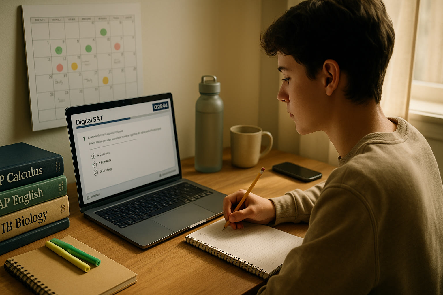 Photo Idea : A teen at a desk with an open laptop running a practice Digital SAT interface, next to a stack of AP/IB textbooks and a calendar with colored stickers.