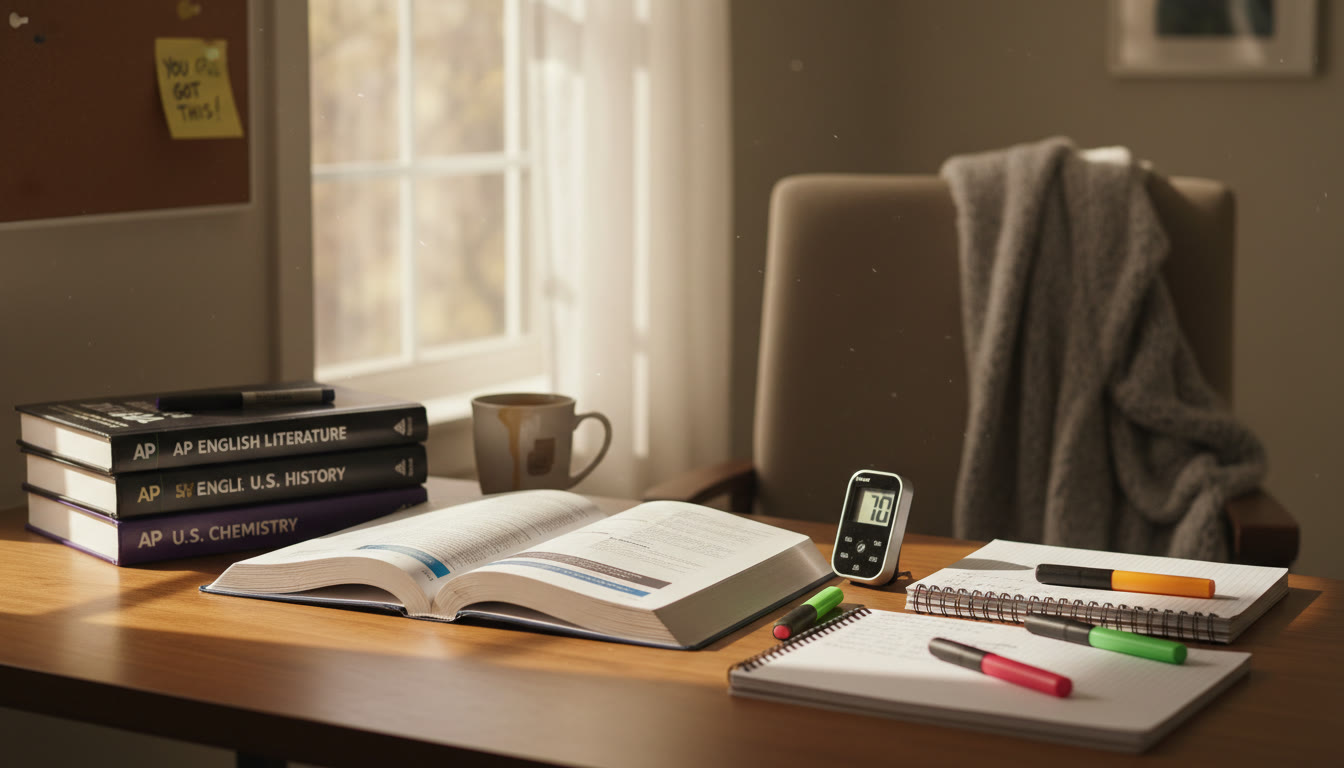 Photo Idea : A quiet desk with AP textbooks, notes, a timer, and a sticky note showing a short affirmation in the top left of the image — natural light, cozy but focused study vibe.