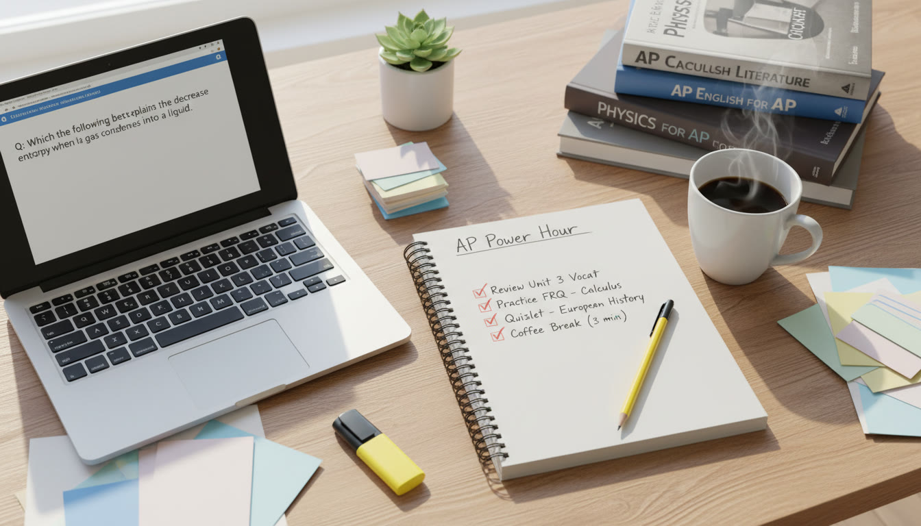 Photo Idea : Flat-lay of a student’s study desk with a notebook open to a Power Hour checklist, a highlighter, a laptop showing an AP practice question, and a cup of coffee. Bright natural light, warm tones.