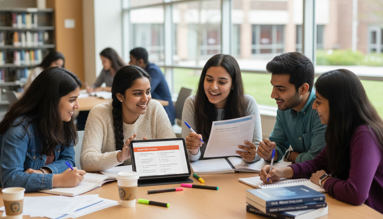 Photo Idea : A study group of Indian students discussing AP free-response answers and Digital SAT practice on a tablet shows collaboration and active prep.