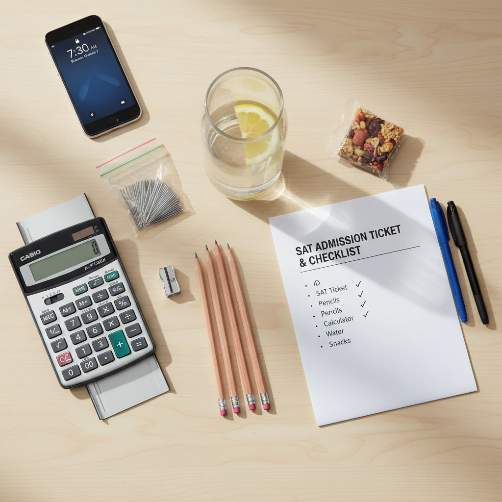 Flat lay of neatly packed test-day bag: pencils, calculator, water bottle, admission ticket checklist