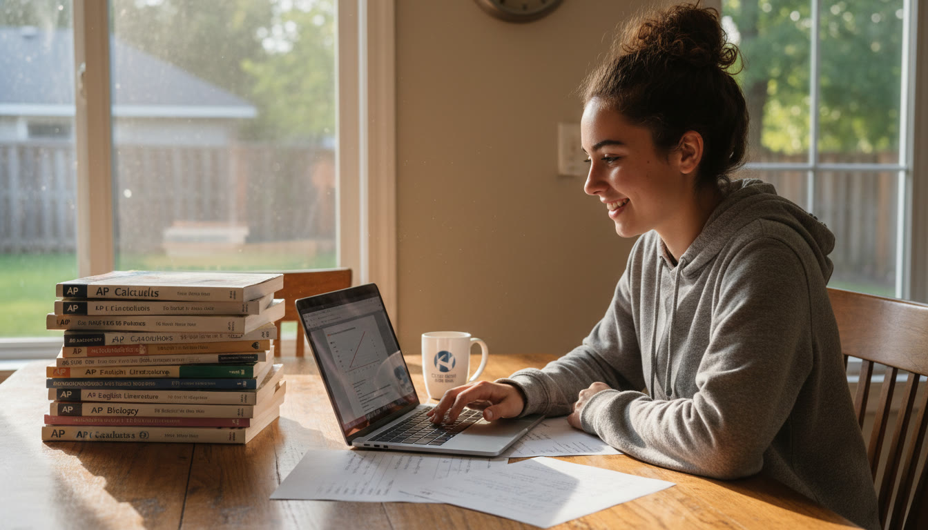 Photo Idea : A focused student at a kitchen table with a laptop and a stack of AP practice books, sunlight through a window — conveys resourcefulness and studying at home.