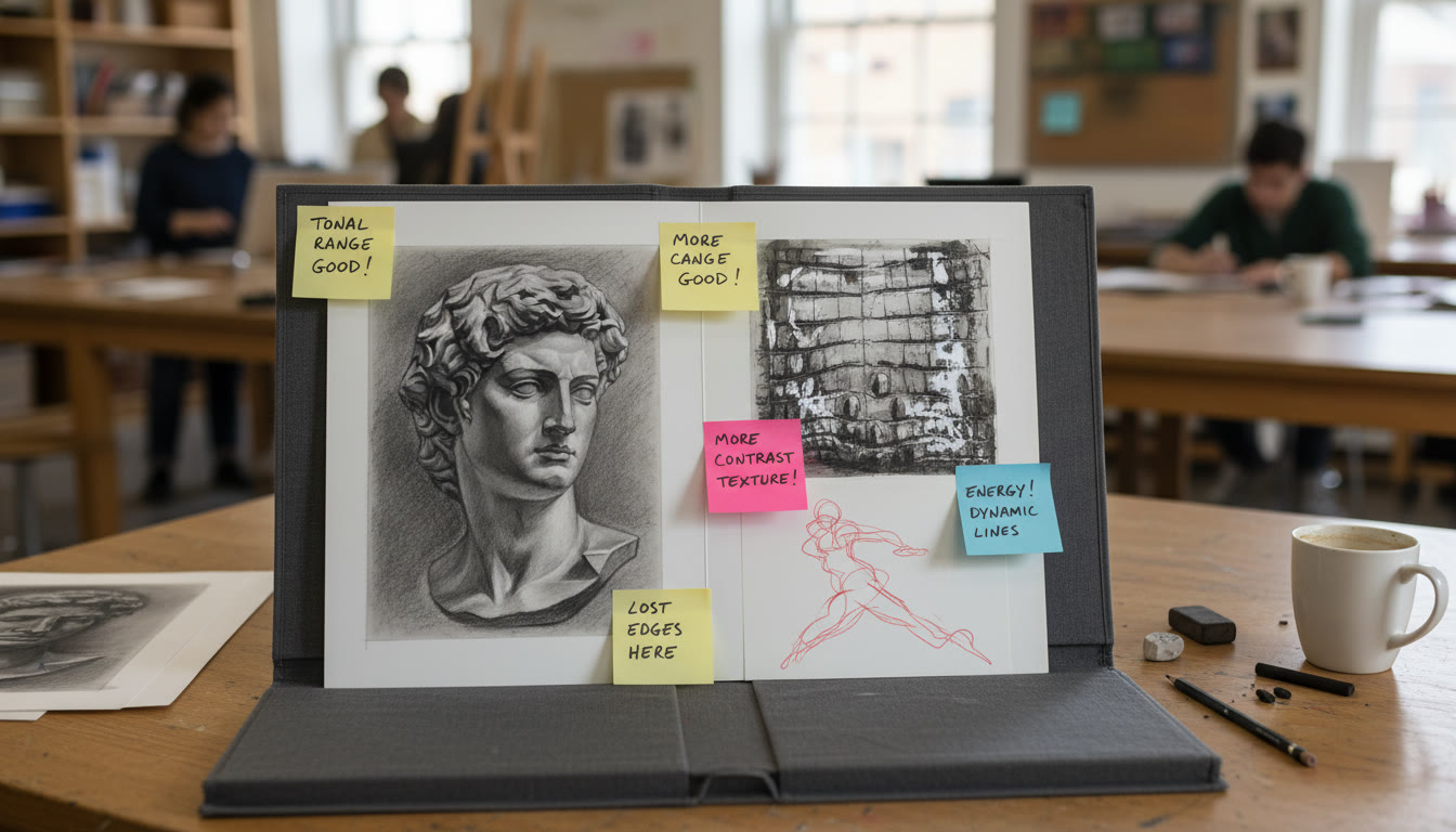 Photo Idea : A portfolio layout on a table showing two or three finished drawings (a tonal study, a textured detail, and a gestural piece) with annotated sticky notes demonstrating critique points.