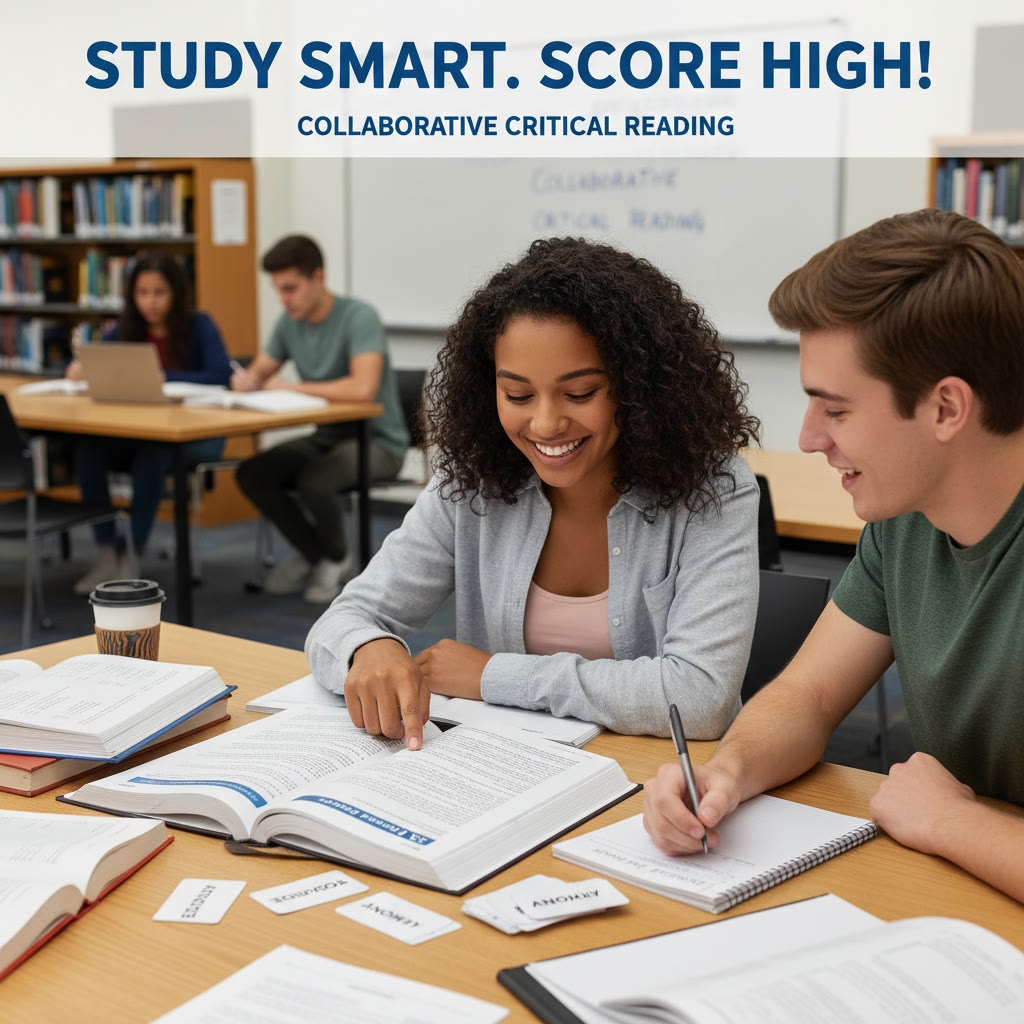 Two students sitting at a table with practice SAT passages, one pointing at a sentence in the passage while the other writes notes—description suggests focus on collaborative error-spotting and studying for precision.