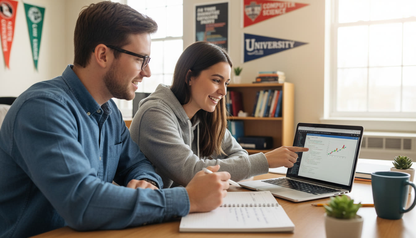 Photo Idea : A photo showing a student working with a tutor on a laptop, code on the screen, and a notebook with a study plan—perfect for the section discussing tutoring, personalized plans, and how Sparkl’s tailored guidance can accelerate improvement.