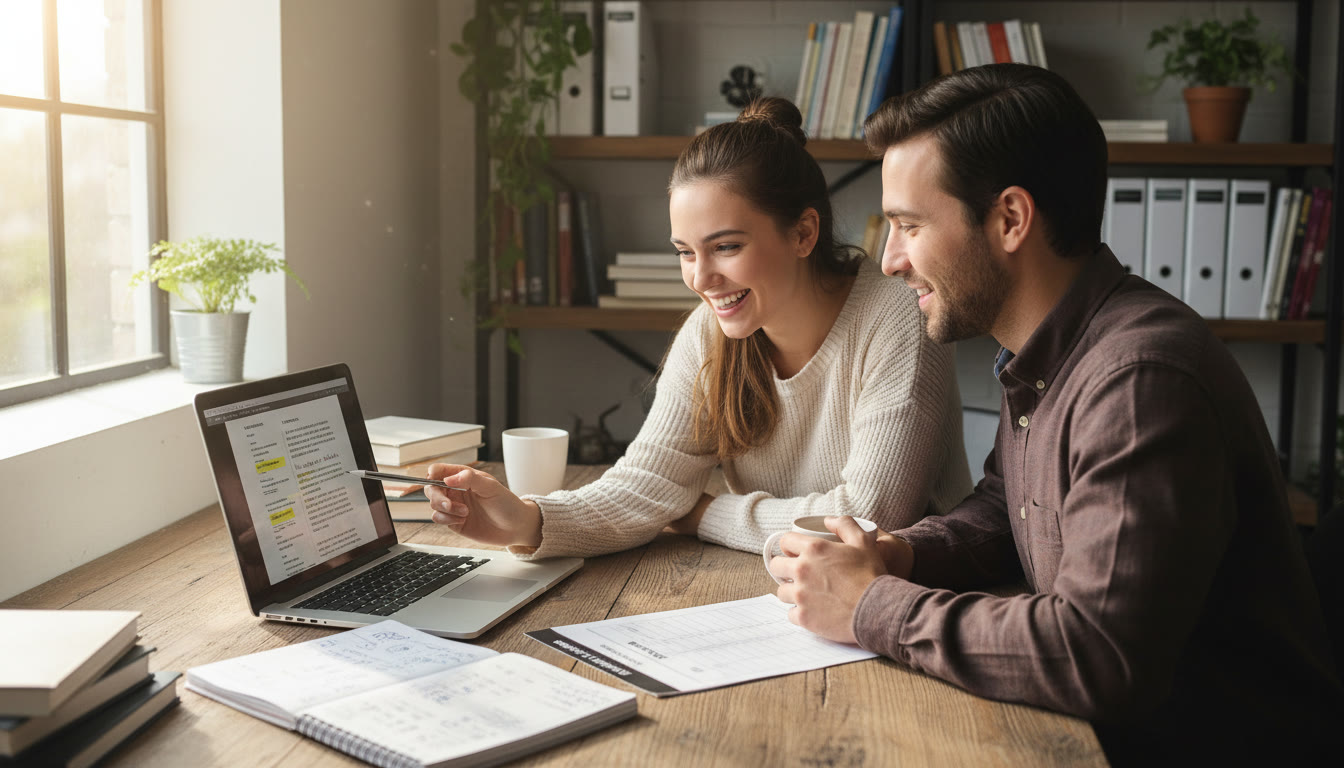 Photo Idea : A student and a tutor reviewing a timed practice essay on a laptop, with notes and a rubric visible—conveys focused, collaborative tutoring in a comfortable study space.