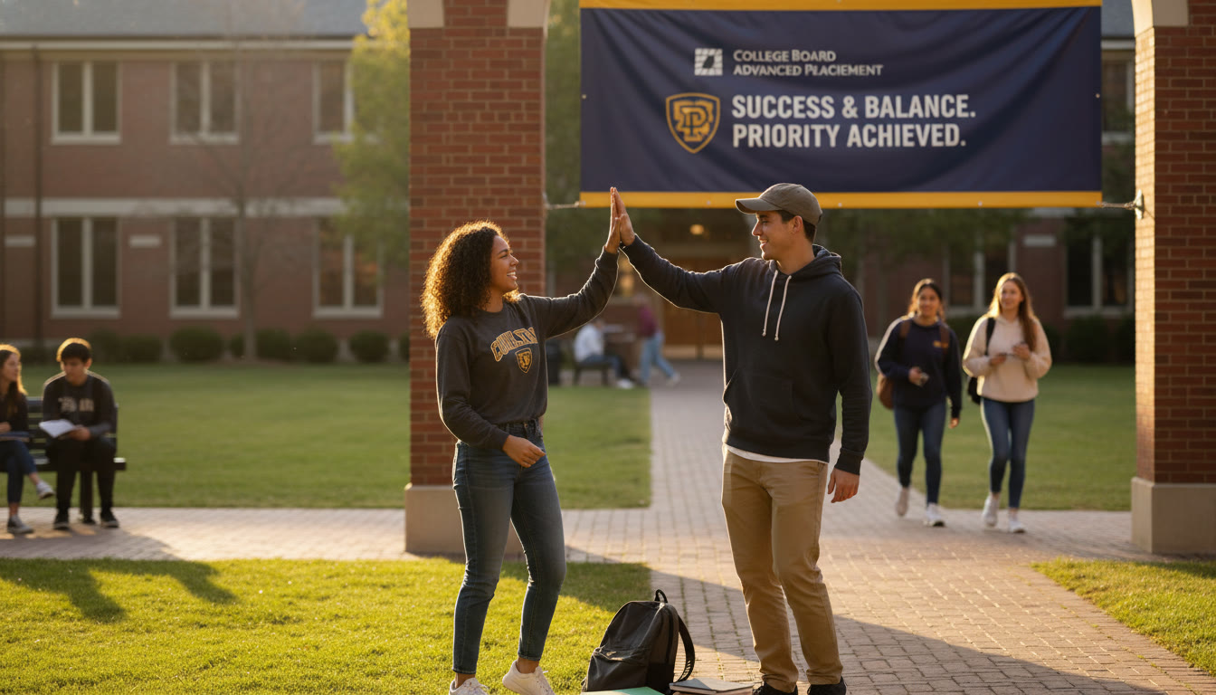 Photo Idea : A calm scene after the exam: a student exchanging a high five with a teammate in front of a school banner, both smiling—symbolizes successful juggling of commitments and balanced priorities.