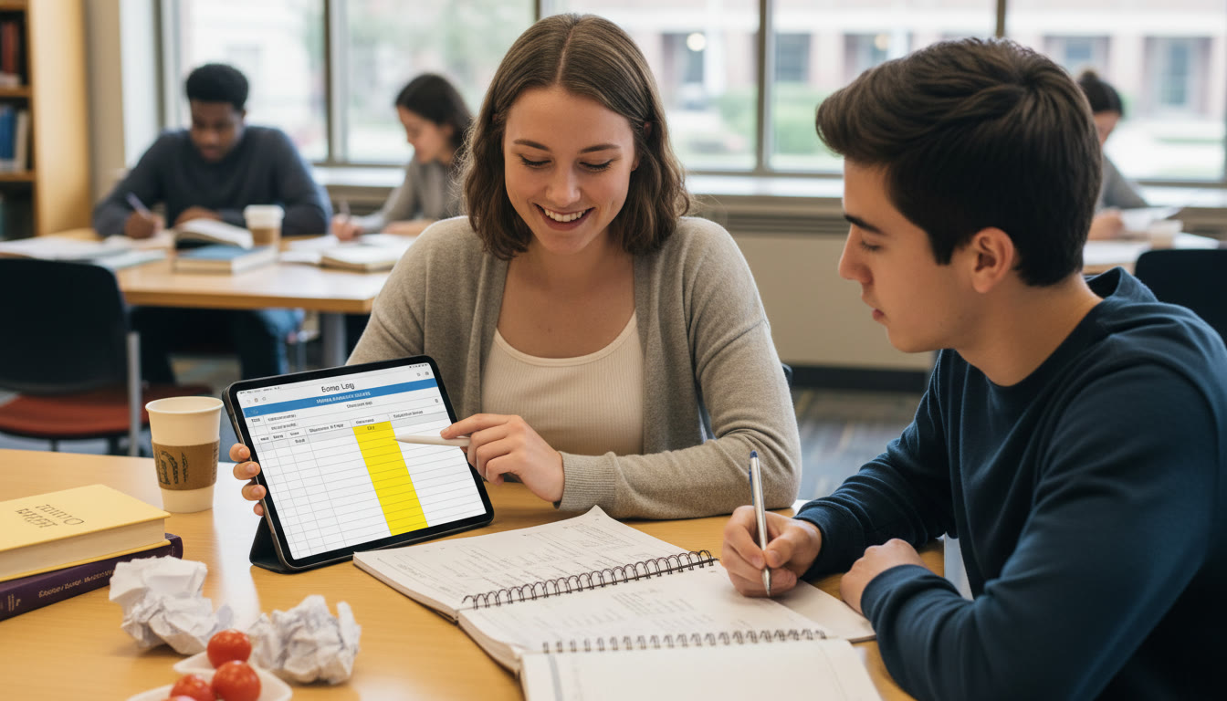 Photo Idea : A tutor and student working over a test with an error-log visible on a tablet; the tutor points to a highlighted 'Process' column—conveys collaborative diagnosis and targeted coaching.