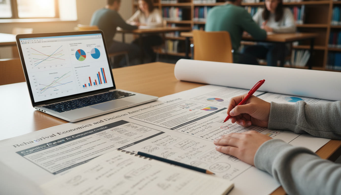 Photo Idea : A close-up of a student’s hands annotating a research poster, with a laptop displaying statistical graphs and a sketchbook of experiment notes beside it.