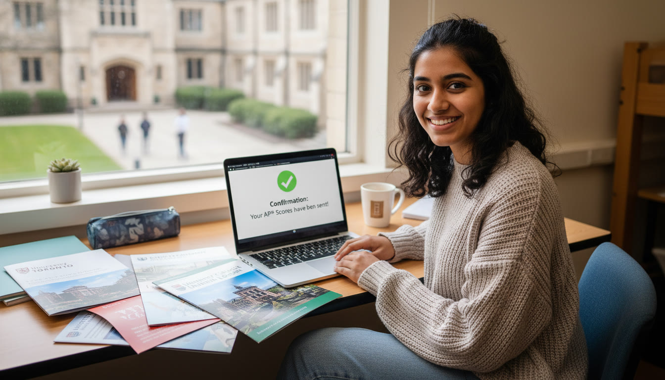 Photo Idea : A student at a desk, international university brochures open, laptop showing a College Board send confirmation—captures the precise moment of taking action and managing documentation.