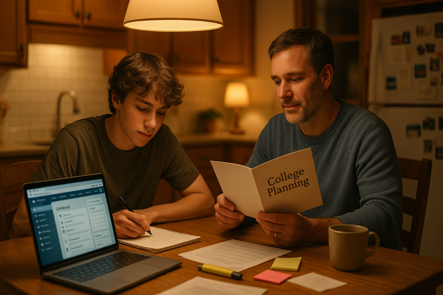 Photo Idea : A focused high school student at a kitchen table with a parent beside them holding a college brochure — warm domestic lighting, laptop open to a college planning website.