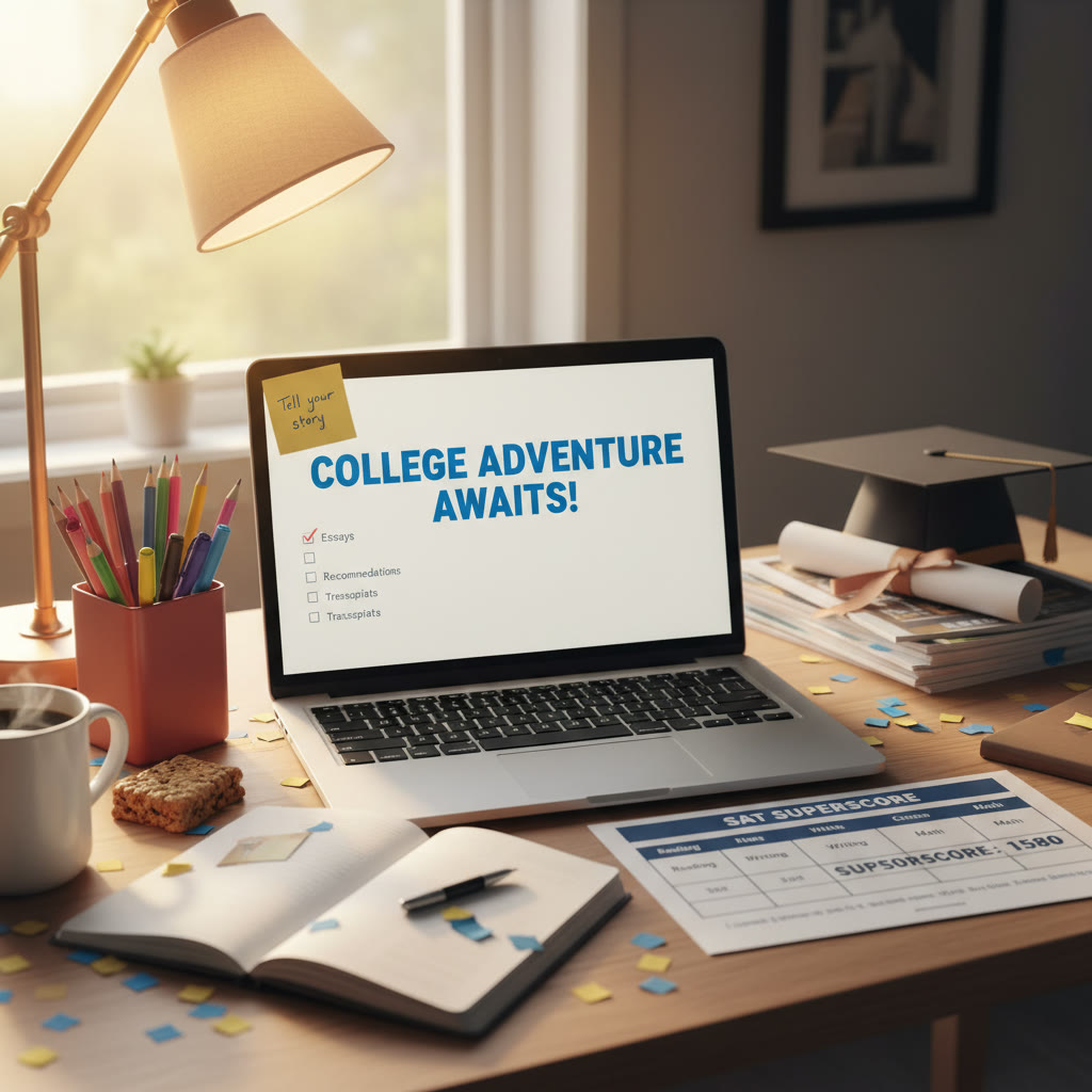 Photo Idea : A desk with an open laptop displaying a college application checklist, a printed superscore chart, and a sticky note that reads 