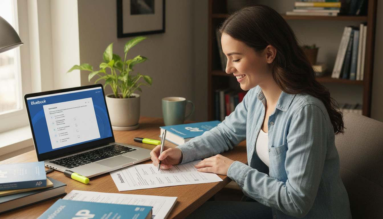 Photo Idea : A student reviewing a printed one-page checklist beside a laptop displaying a practice Bluebook screen—showing calm preparation and digital readiness.