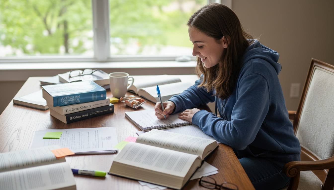 Photo Idea : A student at a wooden desk drafting an essay with annotated books spread out — a candid shot that suggests focused revision and the messy, rewarding work of writing.