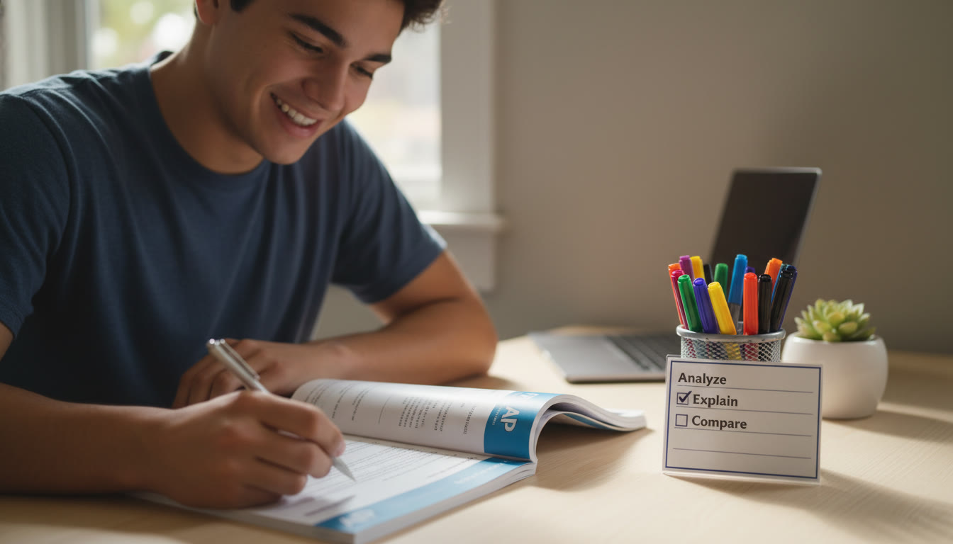 Photo Idea : A focused student at a desk with an AP exam booklet, colored pens, and a small checklist that shows rubric terms like 