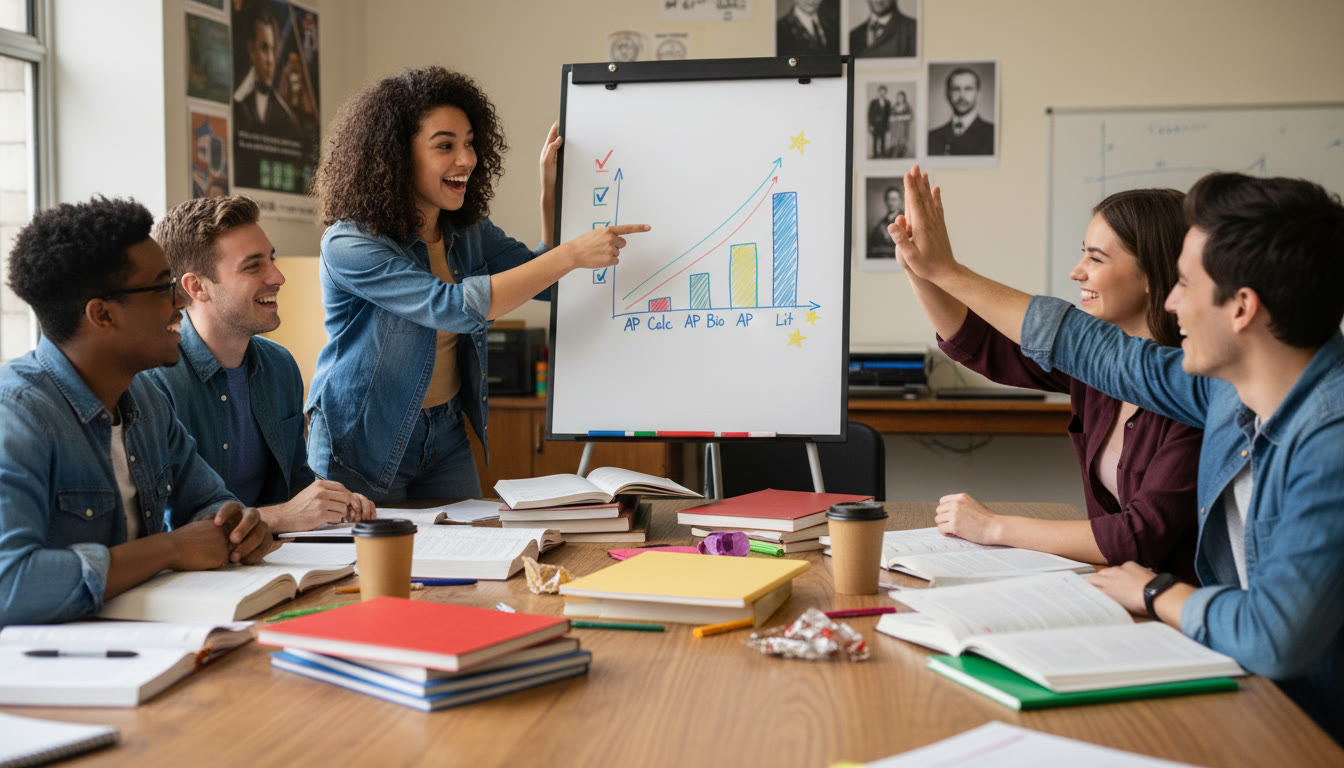 Photo Idea : A study group celebrating around a table with notebooks open, one student pointing to a chart of progress — illustrating shared achievement and the social boost of acknowledging wins.
