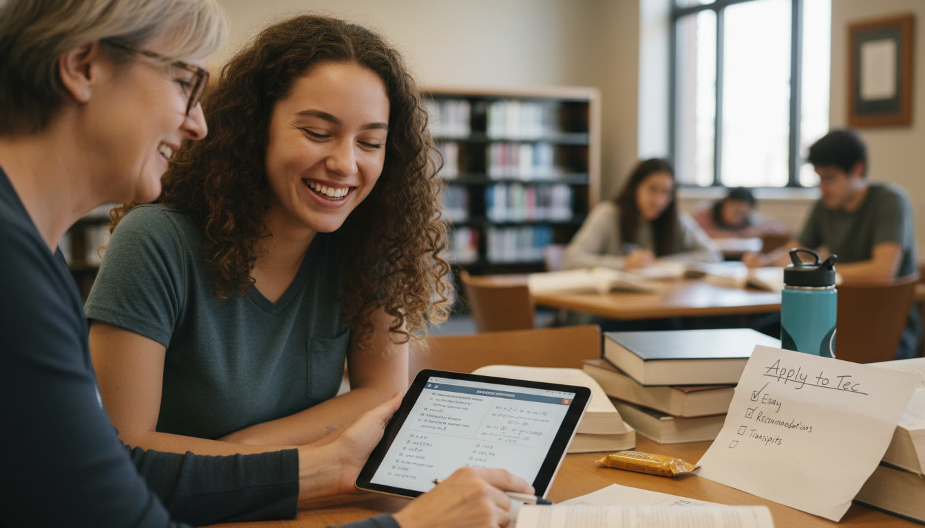 Photo Idea : Close-up image of a student receiving 1-on-1 tutoring, a tablet showing practice questions, and a printed checklist labeled