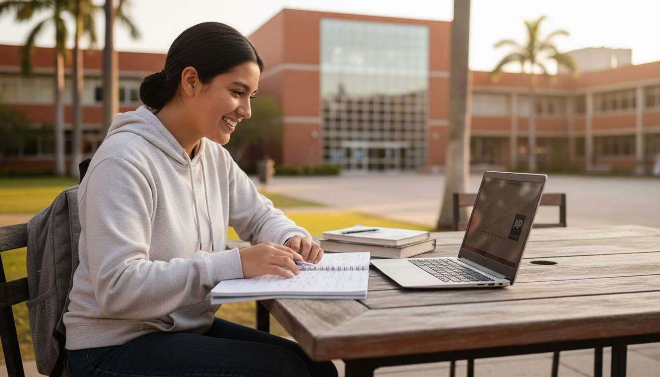 Photo Idea : A bright, candid photo of an international high school student studying with a laptop and notebook, with Tecnológico de Monterrey campus buildings softly blurred in the background.