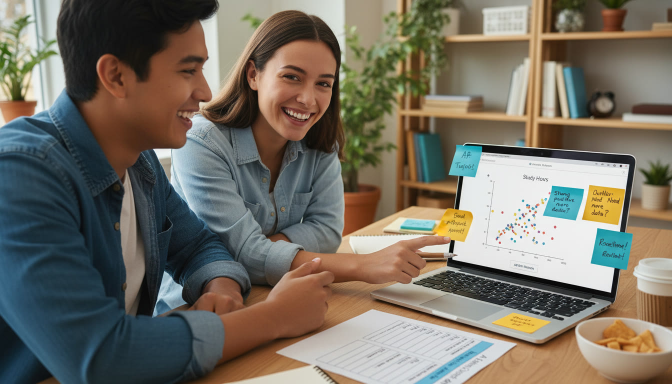 Photo Idea : A tutor and student leaning over a laptop, discussing a scatterplot in a shared virtual whiteboard; sticky notes and a printed rubric visible, suggesting active feedback and revision.