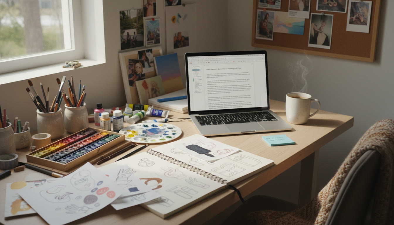 Photo Idea : A tidy studio corner with sketchbook pages, paints, and a laptop open to a drafted artist statement — shows the intersection of making and reflecting.