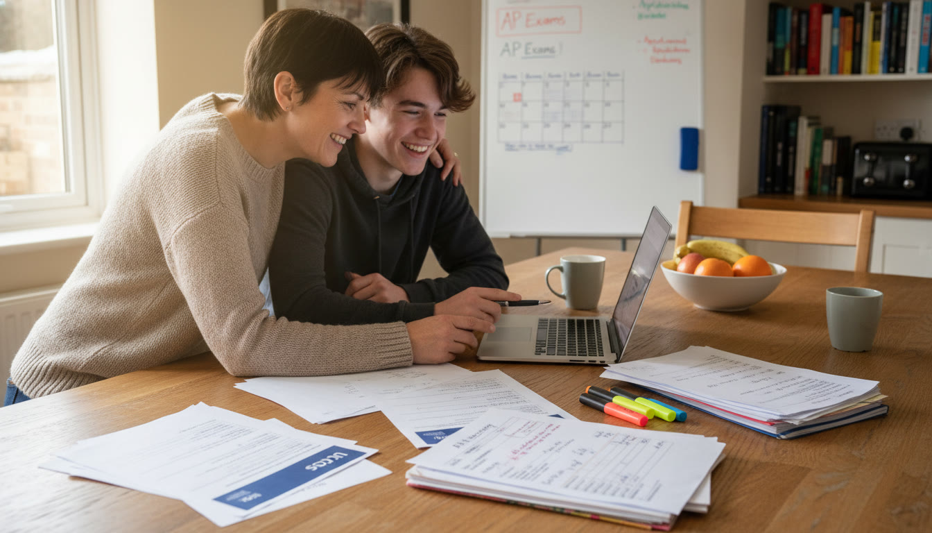 Photo Idea : A candid photo of a parent and teen at the kitchen table, with UCAS application printouts, AP study notes and a laptop open—capturing collaboration and planning.