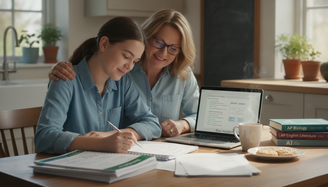 Photo Idea : A warm, candid photo of a parent and teen sitting at a kitchen table with practice tests spread out, a laptop open to review notes, and a cup of tea — conveying partnership and calm focus.