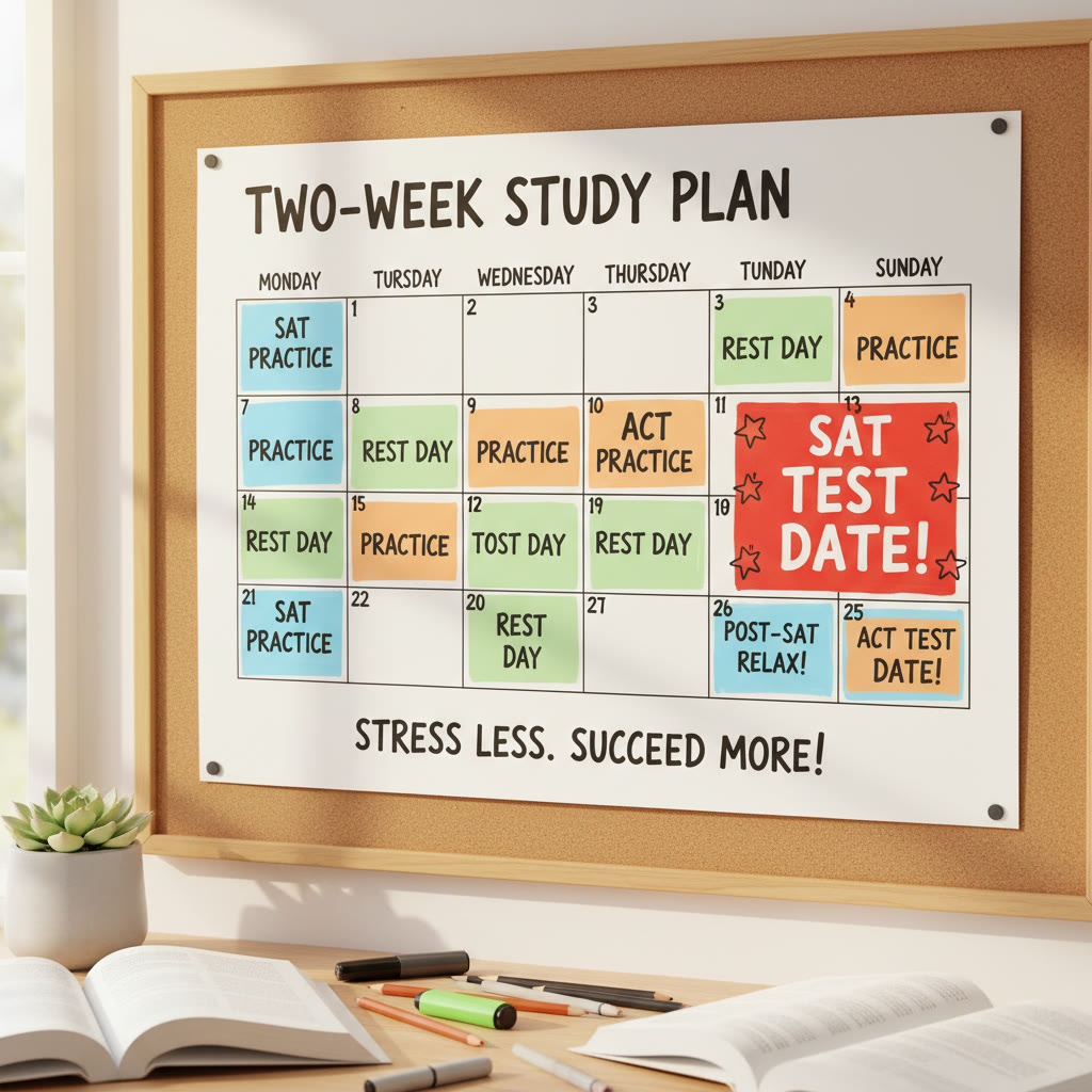 Illustration idea: A two-week calendar with color-coded blocks labeled SAT and ACT practice, rest days, and test dates to demonstrate a balanced schedule.