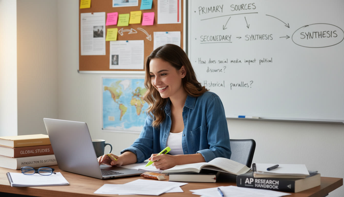Photo Idea : A student at a desk surrounded by notebooks and a laptop, mid-research — conveys the bridge between school projects and independent inquiry.