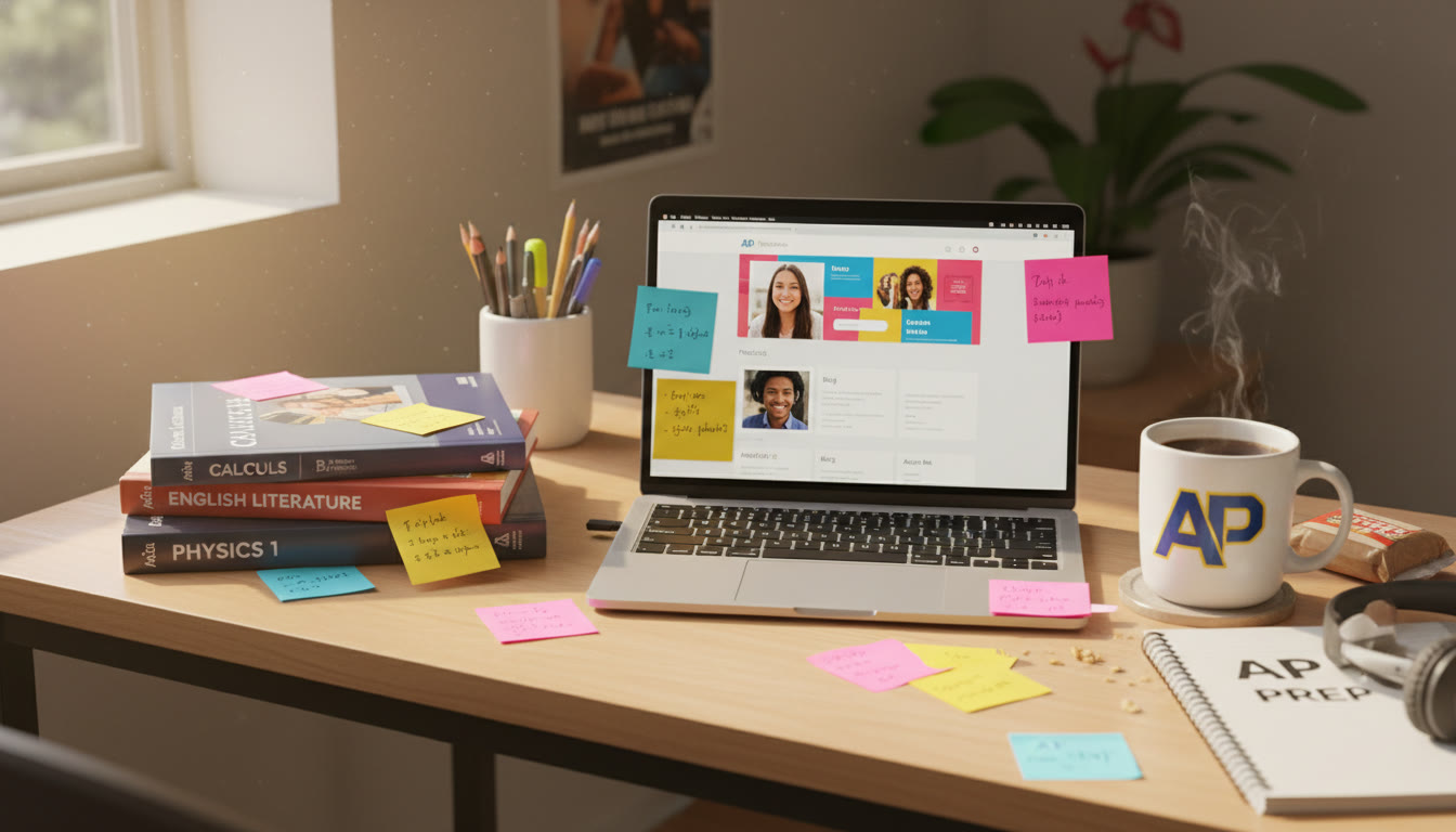 Photo Idea : A top-down shot of a student’s desk with AP textbooks, a laptop open to a personal website mockup, sticky notes, and a coffee mug — bright natural light, candid and energetic.