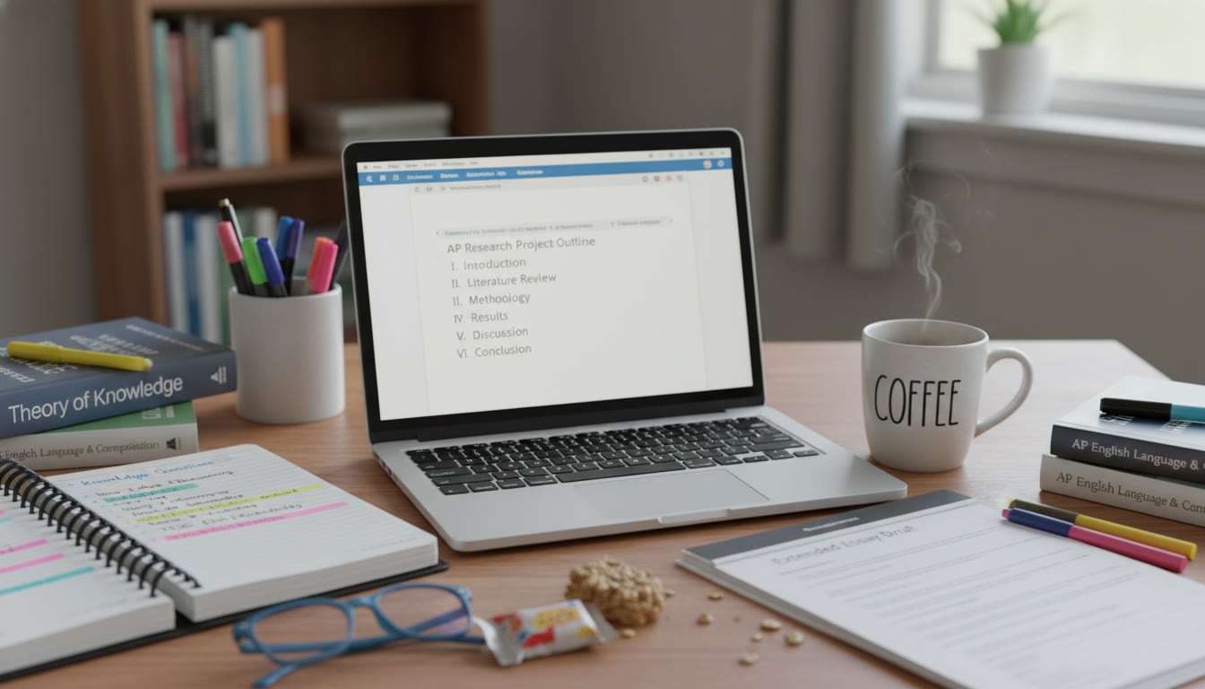 Photo Idea : A student workspace with color-coded notes for TOK, a laptop showing an AP Research outline, and a printed EE draft beside a cup of coffee — visualizing the intersection of IB and AP research work.
