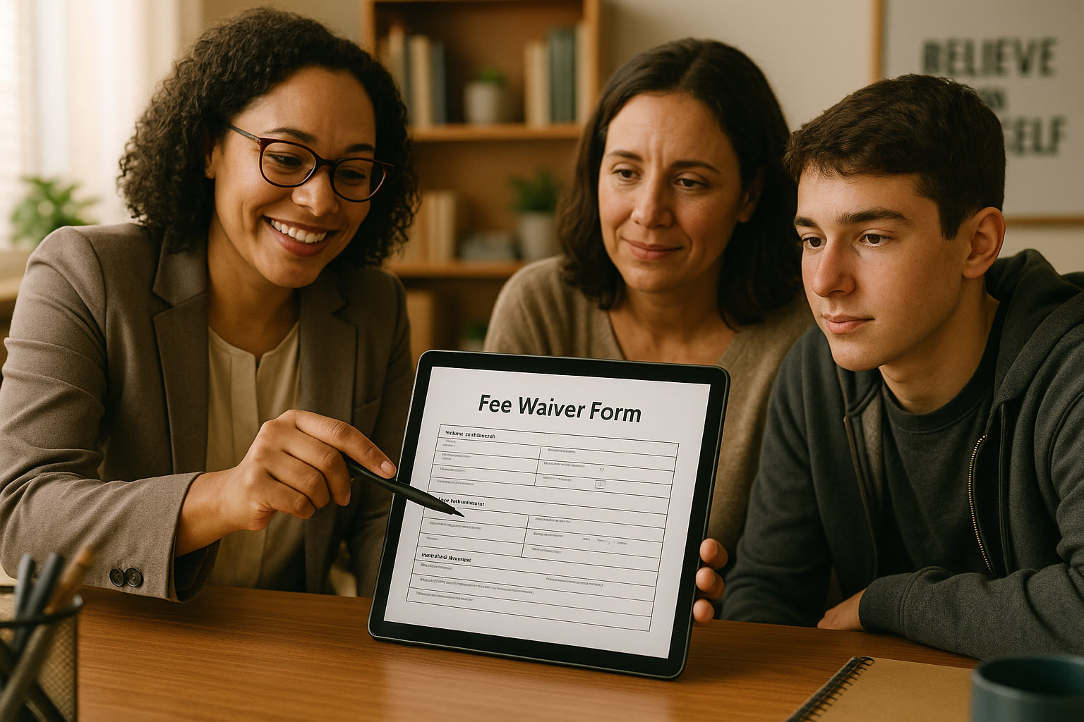 Photo Idea : Close-up of a counselor’s office scene with a counselor pointing to a fee waiver form on a tablet while a parent and student look on—capturing guidance and reassurance.