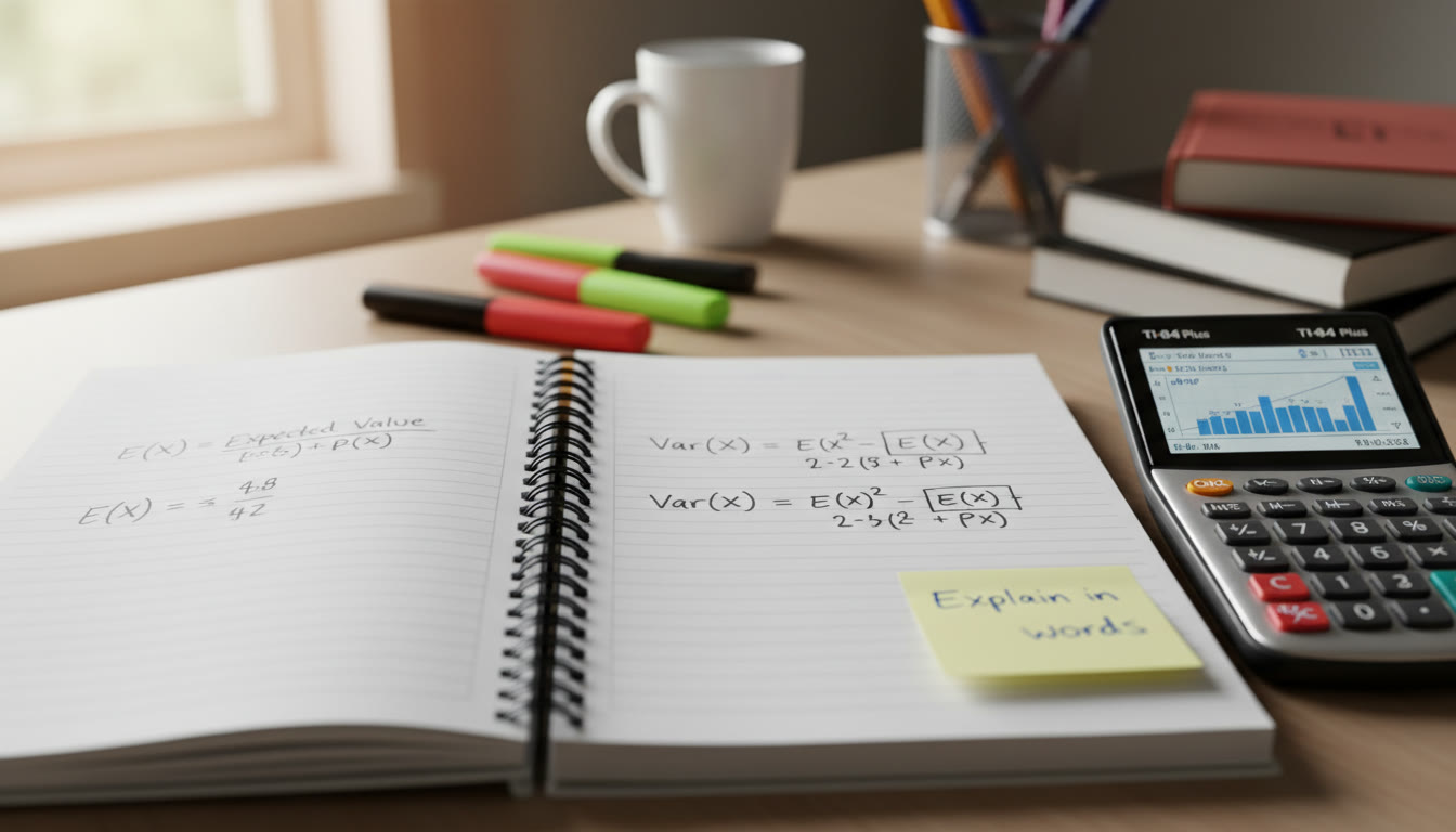 Photo Idea : Close-up of a student’s notebook with neatly written equations for E(X) and Var(X), a calculator, and a sticky note that says 