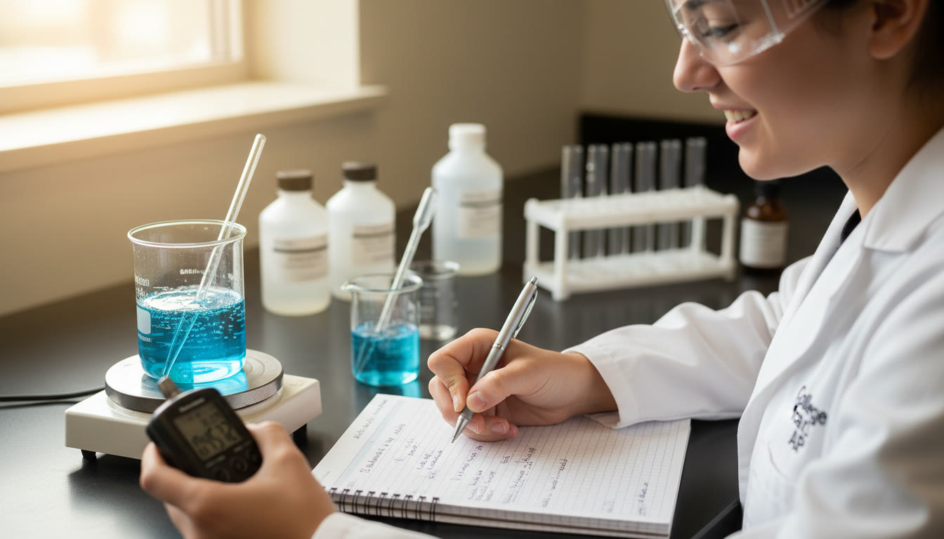 Photo Idea : A college student at a lab bench timing a reaction with a stopwatch while jotting observations in a notebook; soft natural light, close-up on hands and instrument to emphasize measurement and curiosity.