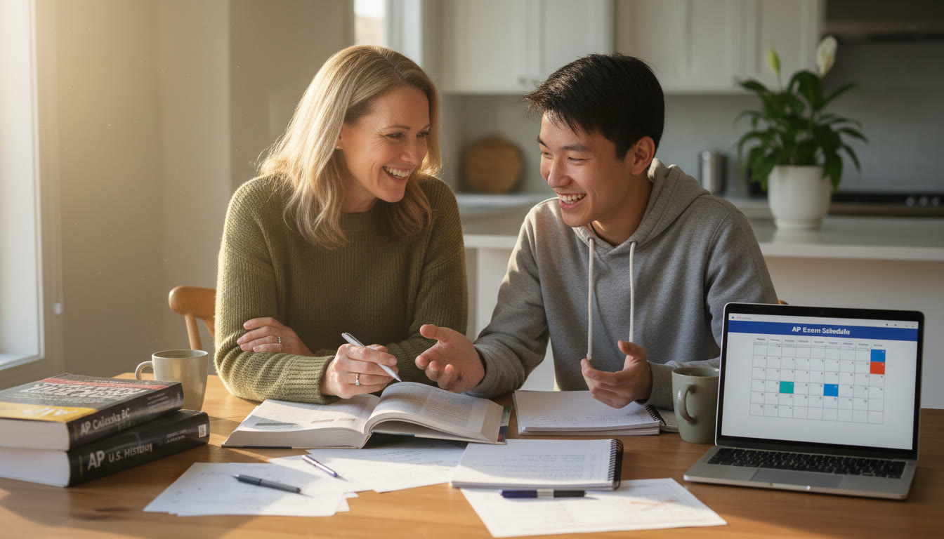Photo Idea : A warm, candid photo of a parent and teen at the kitchen table with study materials spread out — AP textbooks, a notebook, and a laptop — capturing a collaborative moment of planning.