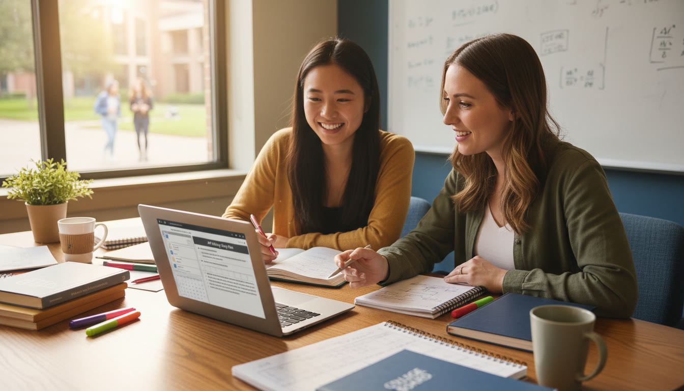 Photo Idea : A calm study scene showing a student and a tutor working together over a laptop and notes, illustrating 1-on-1 personalized guidance and collaborative planning.