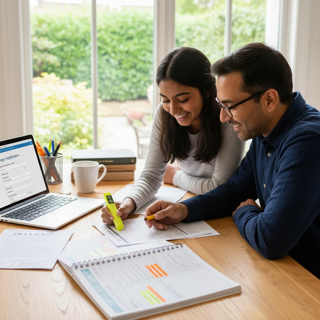 Photo Idea : A candid shot of a student and parent reviewing an application checklist at a kitchen table, with a printed transcript, laptop showing an application form, and a highlighted SAT study plan — emphasizes teamwork and planning.