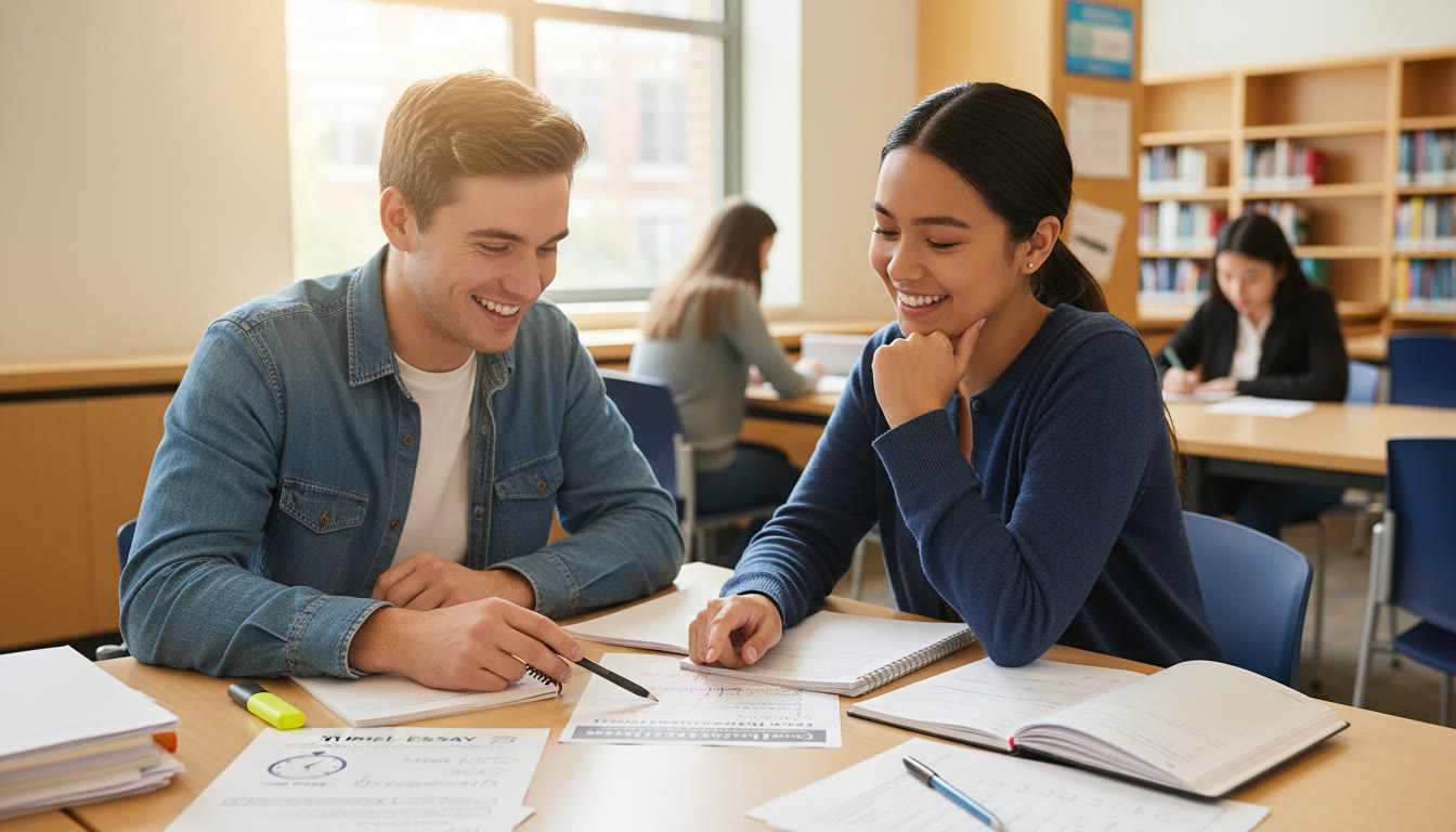 Photo Idea : A tutor and student at a table reviewing a practice AP prompt with notes, time sheets, and a rubric checklist—illustrating 1-on-1 guidance and focused improvement.