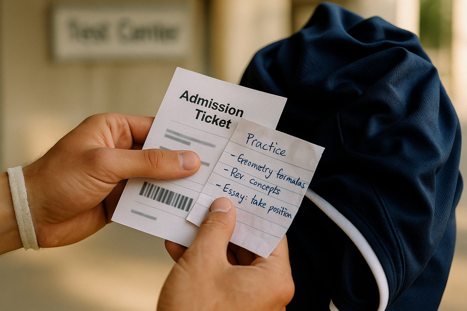 Photo Idea : Close-up of a student-athlete’s hand checking an admission ticket and practice notes before heading to the test center, with a jersey or team jacket visible nearby.
