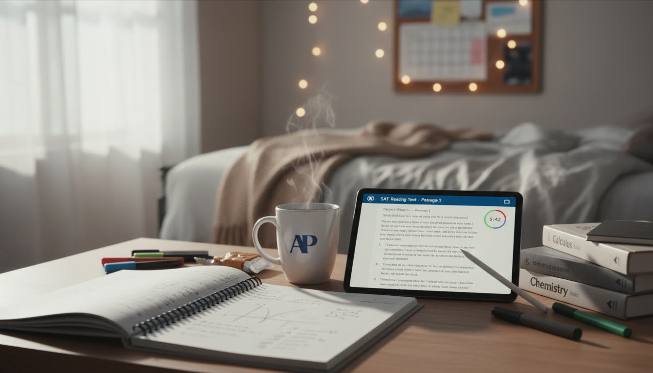 Photo Idea : A cozy study scene with a student s desk: open lab notebook with a sketched graph, a tablet showing a timed SAT reading passage, and a cup of coffee conveying parallel preparation for both exams.