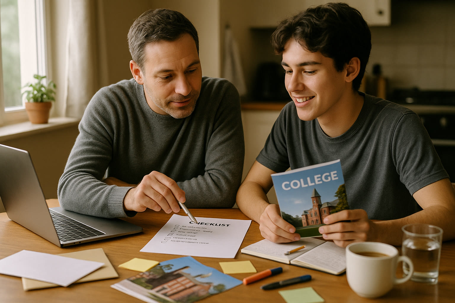Photo Idea : A parent and student reviewing a checklist and college materials at a kitchen table—representing collaborative planning and supportive guidance.