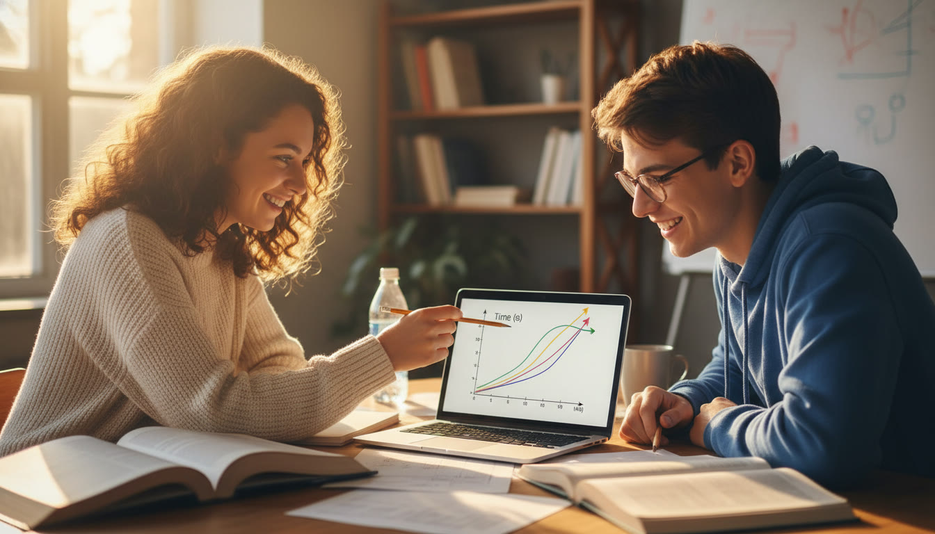 Photo Idea : A tutor and student reviewing a lab graph on a laptop, pointing to data points—warm tones, candid, showing collaboration. Place this near the section on tutoring and study plans to visualize personalized guidance.