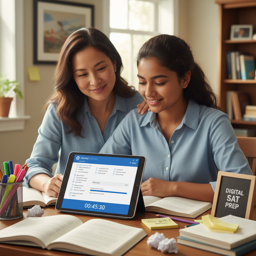 Photo Idea : A study scene showing a student taking a simulated digital SAT on a tablet, with notes, a timer, and a coach or parent nearby offering quiet encouragement.