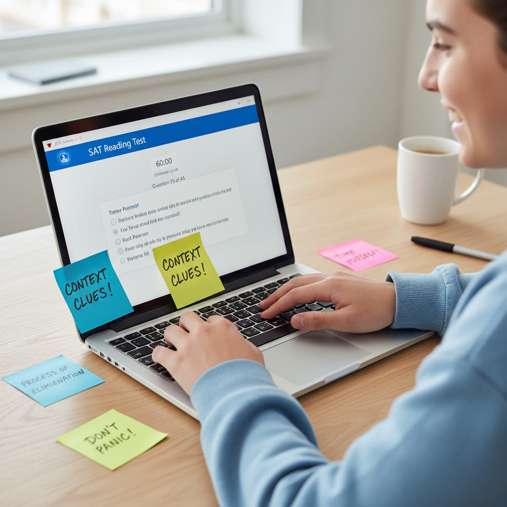 Photo Idea : Close-up of a student’s hands on a laptop running a digital test interface with sticky-note strategy reminders around the keyboard—focused, calm, and organized.