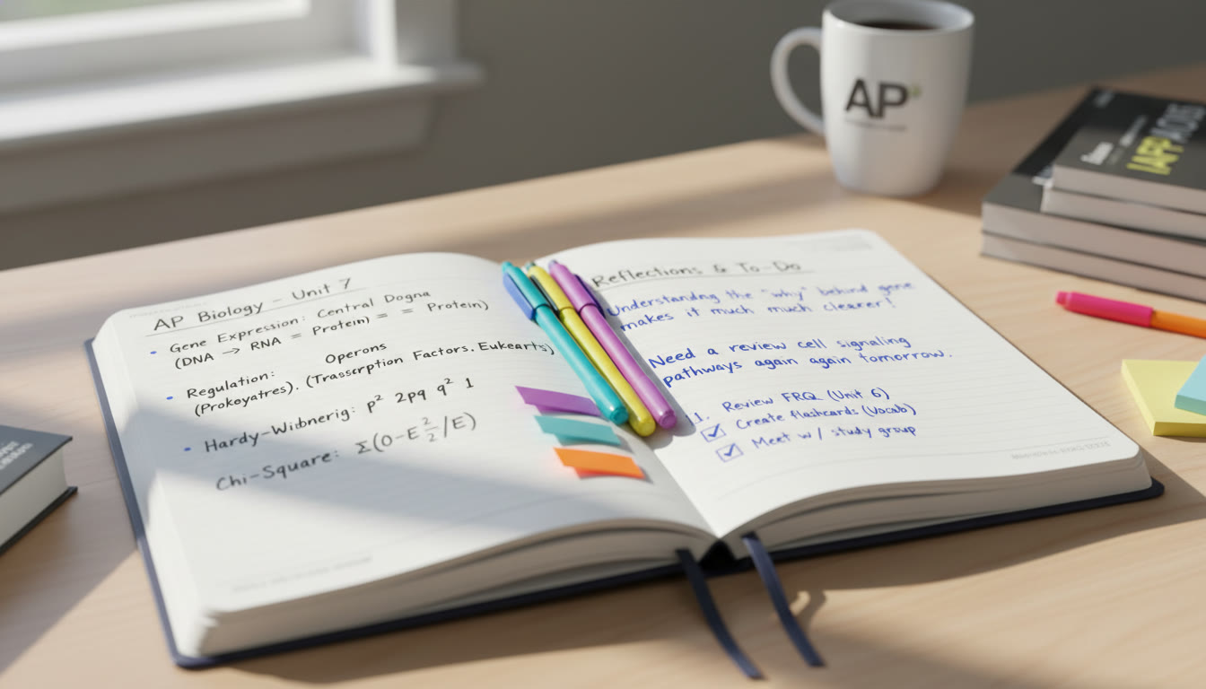 Photo Idea : A neat open notebook on a desk divided down the middle with colorful pens and sticky notes; on one side, neat bullet-pointed facts and equations; on the other, reflective sentences and a small action checklist.