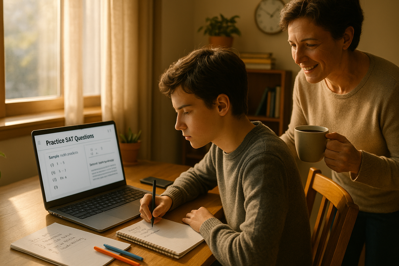 Photo Idea : Student at a desk with a laptop displaying practice SAT questions, a notebook with a study plan, and a parent offering supportive coffee nearby — warm, natural lighting.