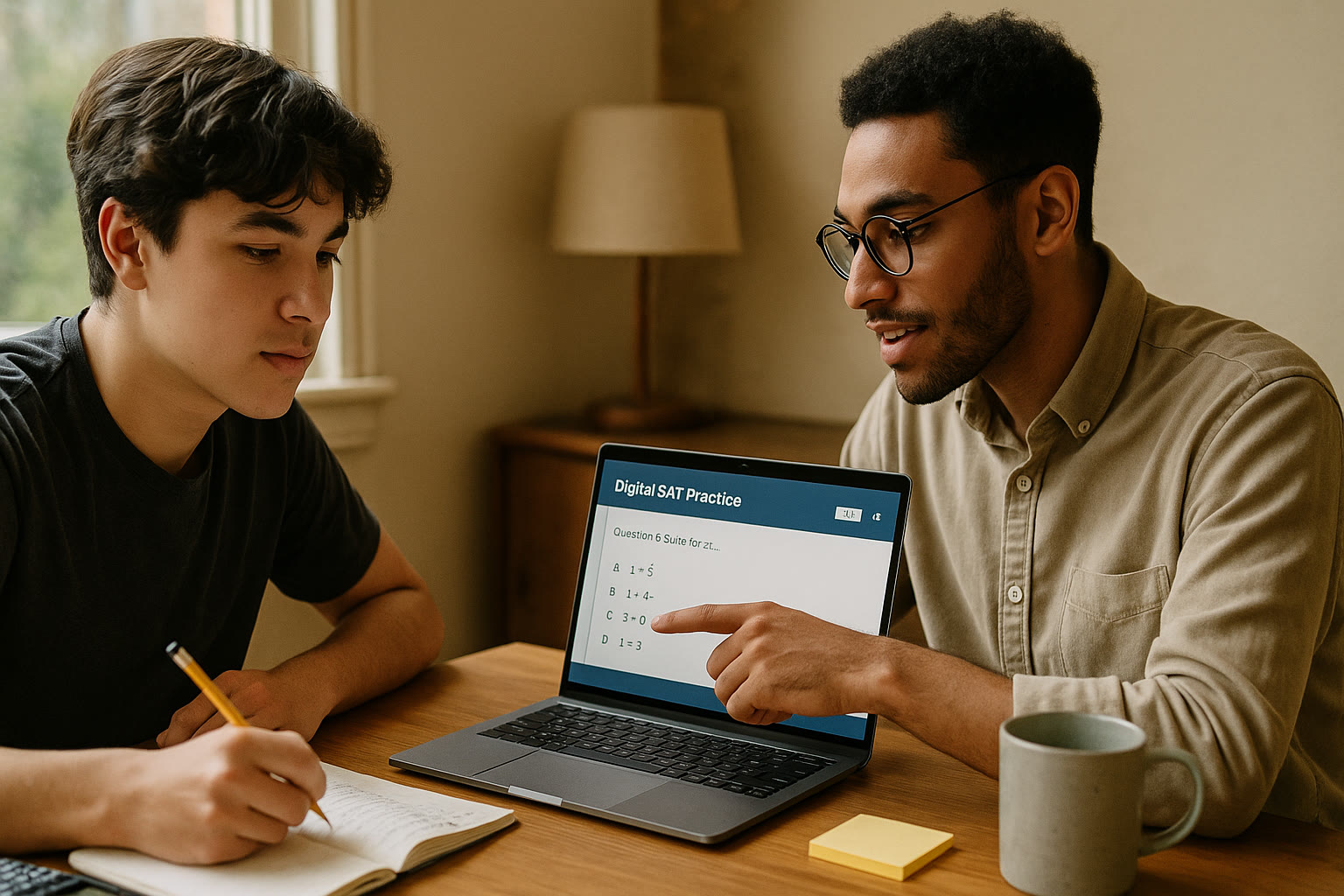 Photo Idea : Student studying with a tutor on a laptop, digital SAT practice interface visible, relaxed and focused atmosphere