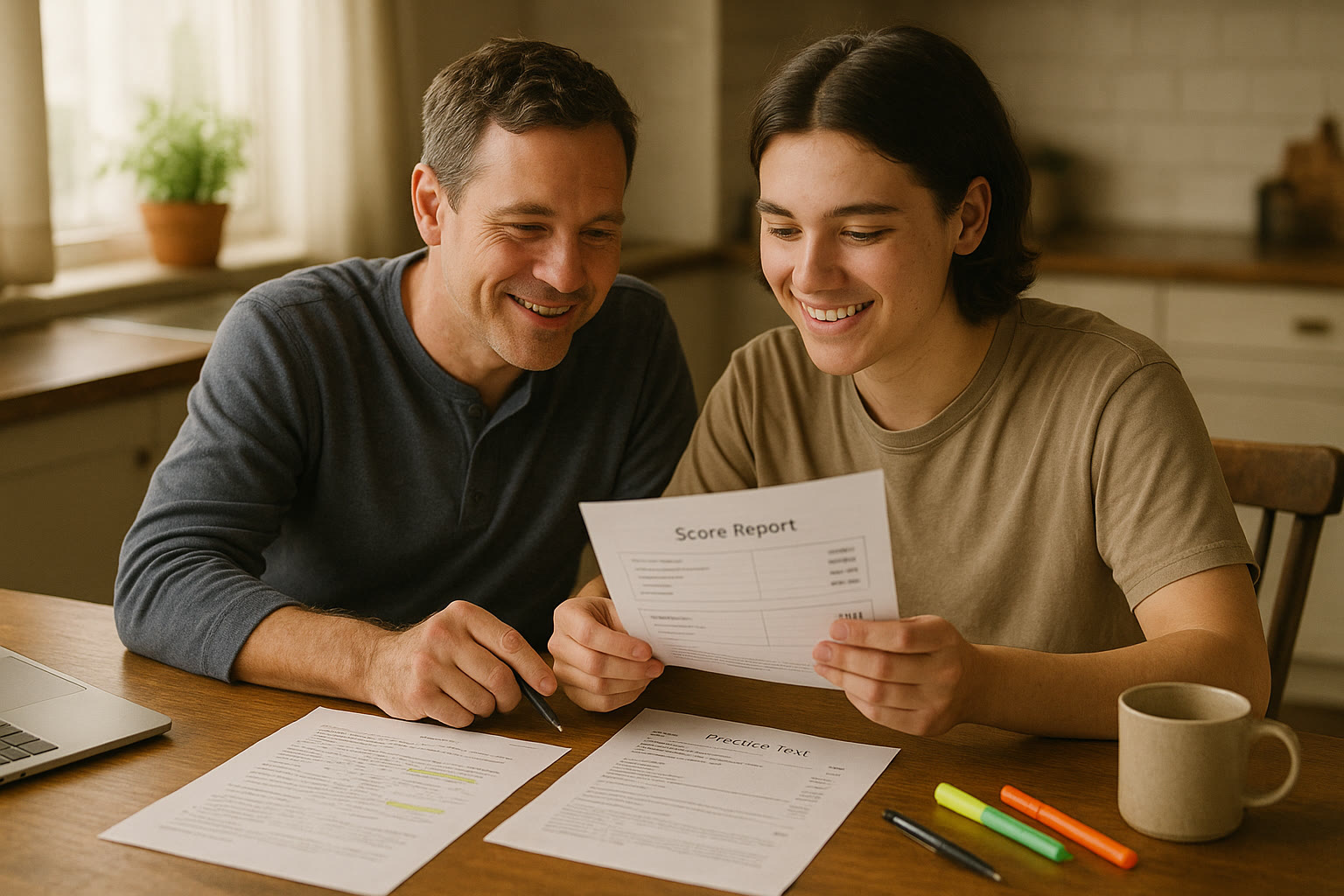 Photo Idea : A parent and teen sitting at a kitchen table, reviewing practice test notes together with a printed score report and a laptop closed nearby—an image that shows supportive partnership rather than policing.